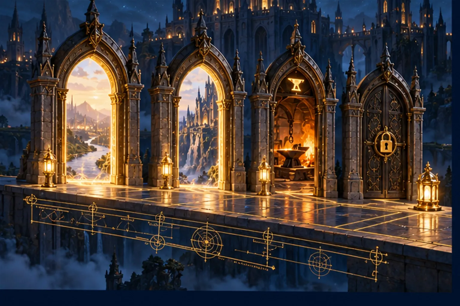 Four stone gates on a luminous path: two open with lit lamps, one glowing with forge light, the last closed with a golden lock.