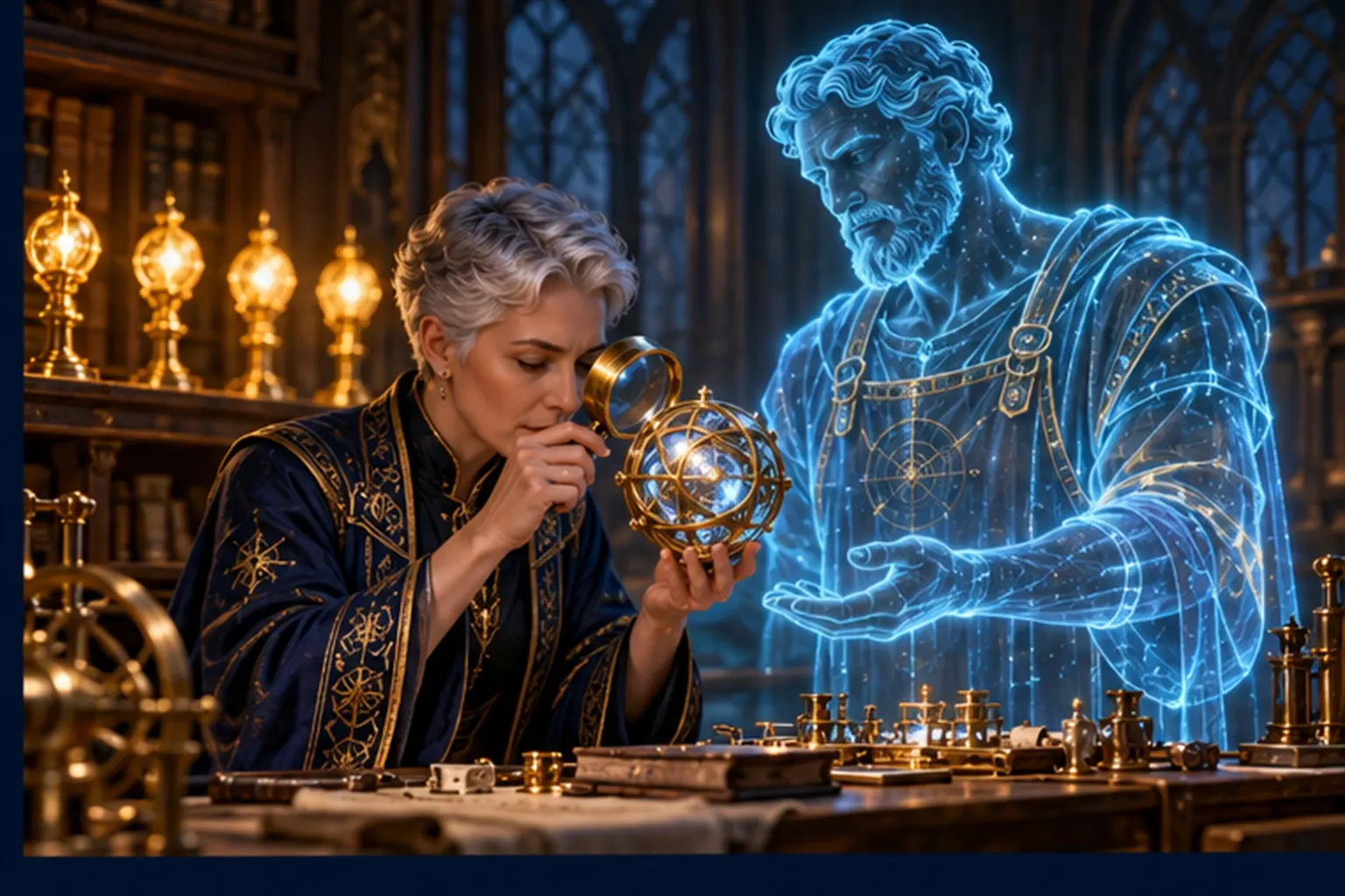 A Wizard studies a glowing component through a brass lens beside a cyan Hephaestus hologram, with a row of lit lamps behind.