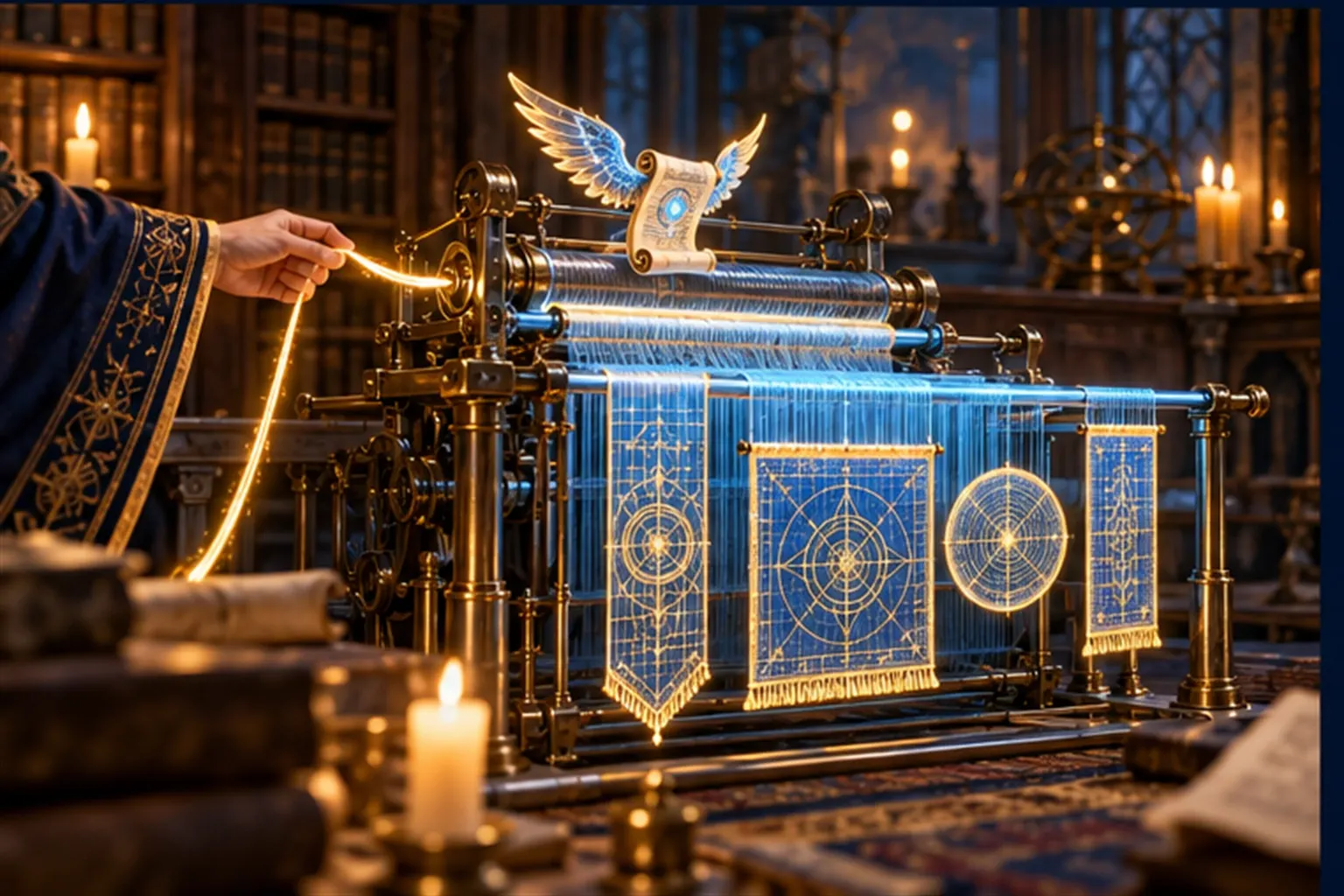 A brass loom turns one golden thread into an orderly tapestry of separate woven panels, tended by a winged-scroll sigil.