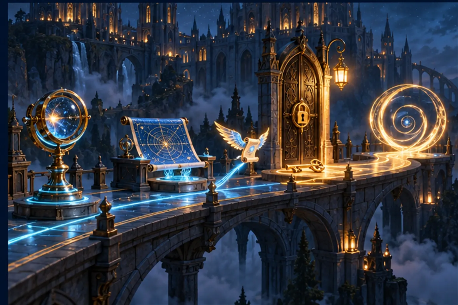 Four stations on a curved stone bridge: a lens, a star-chart, a closed gate with a golden lock, and a looping ring of light.