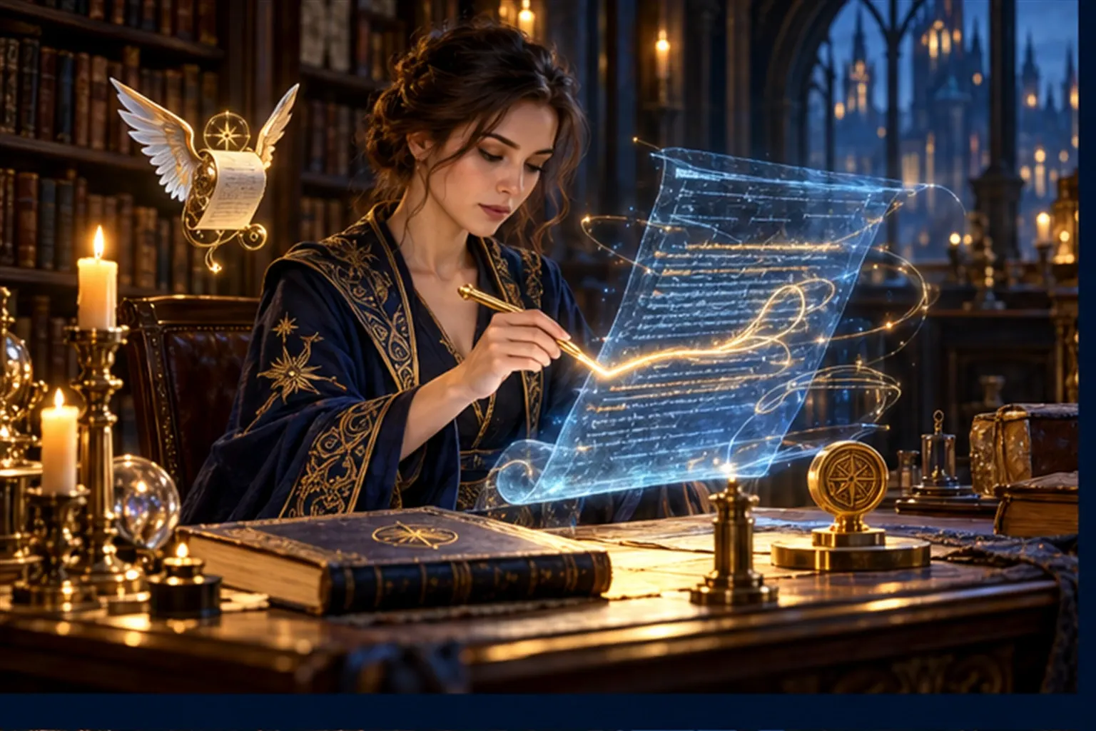 A Wizard edits a glowing draft at a candlelit desk, a closed book and an unpressed golden seal beside her.