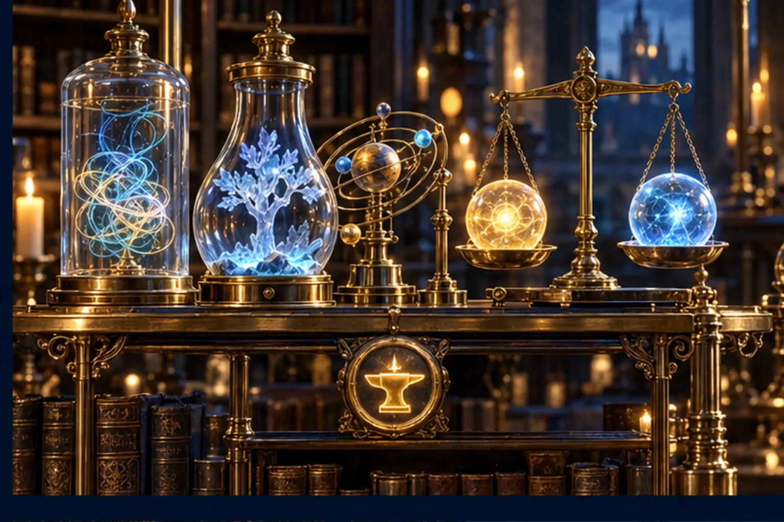 Three glass vessels hold experiments, an orrery, a tangled thread and a crystal tree, beside a brass balance with glowing spheres.
