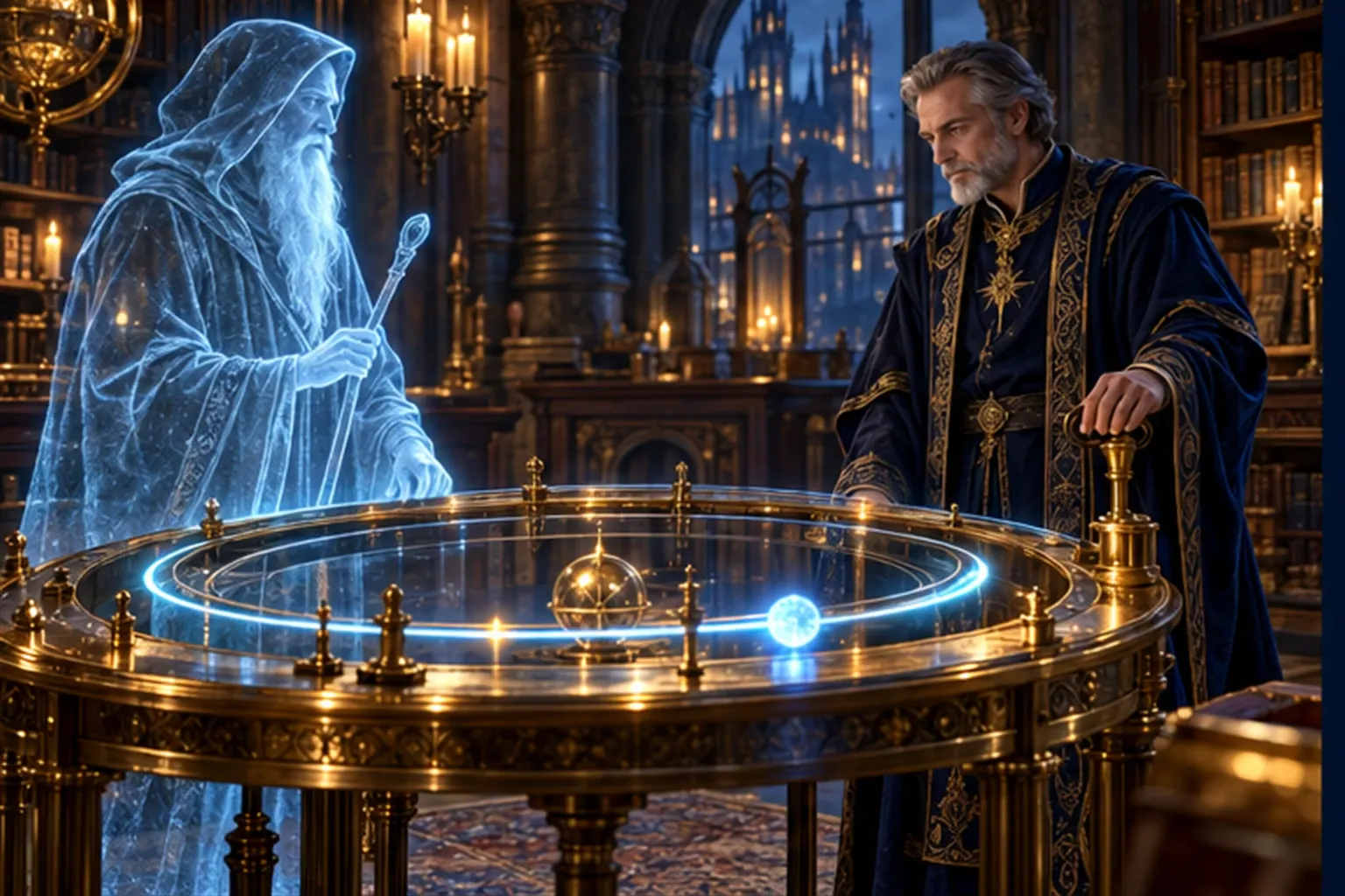 A loop of cyan light circles a brass ring table between a hooded Merlin hologram and a bearded Wizard whose hand rests on a lever.