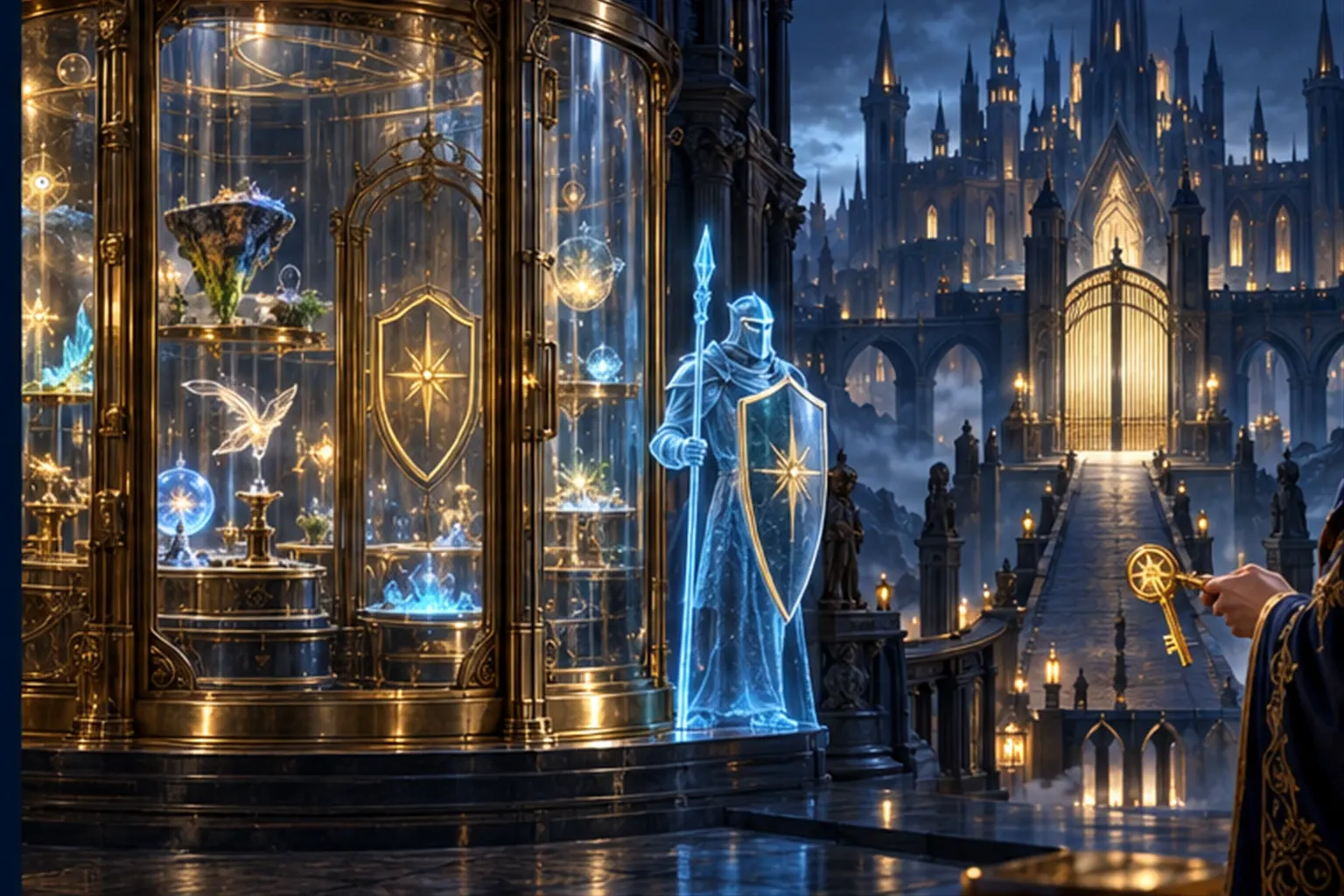 A sealed glass chamber of glowing experiments guarded by a cyan Sentinel hologram, with a closed golden gate on the bridge beyond.