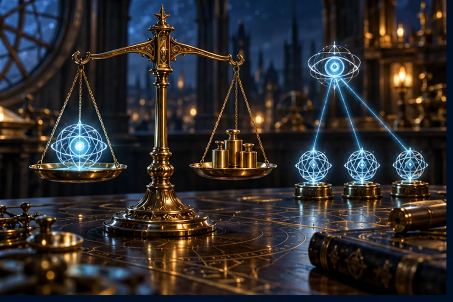 A brass balance weighs a small cyan agent sigil against gold weights while a floating eye sigil measures a row of other sigils.