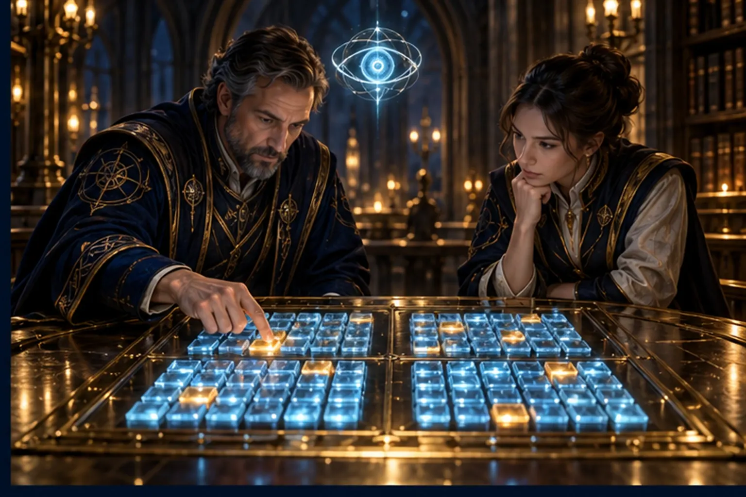 Two Wizards review a scorecard of glass tiles, mostly cyan with a few amber, a fingertip resting on one amber tile.