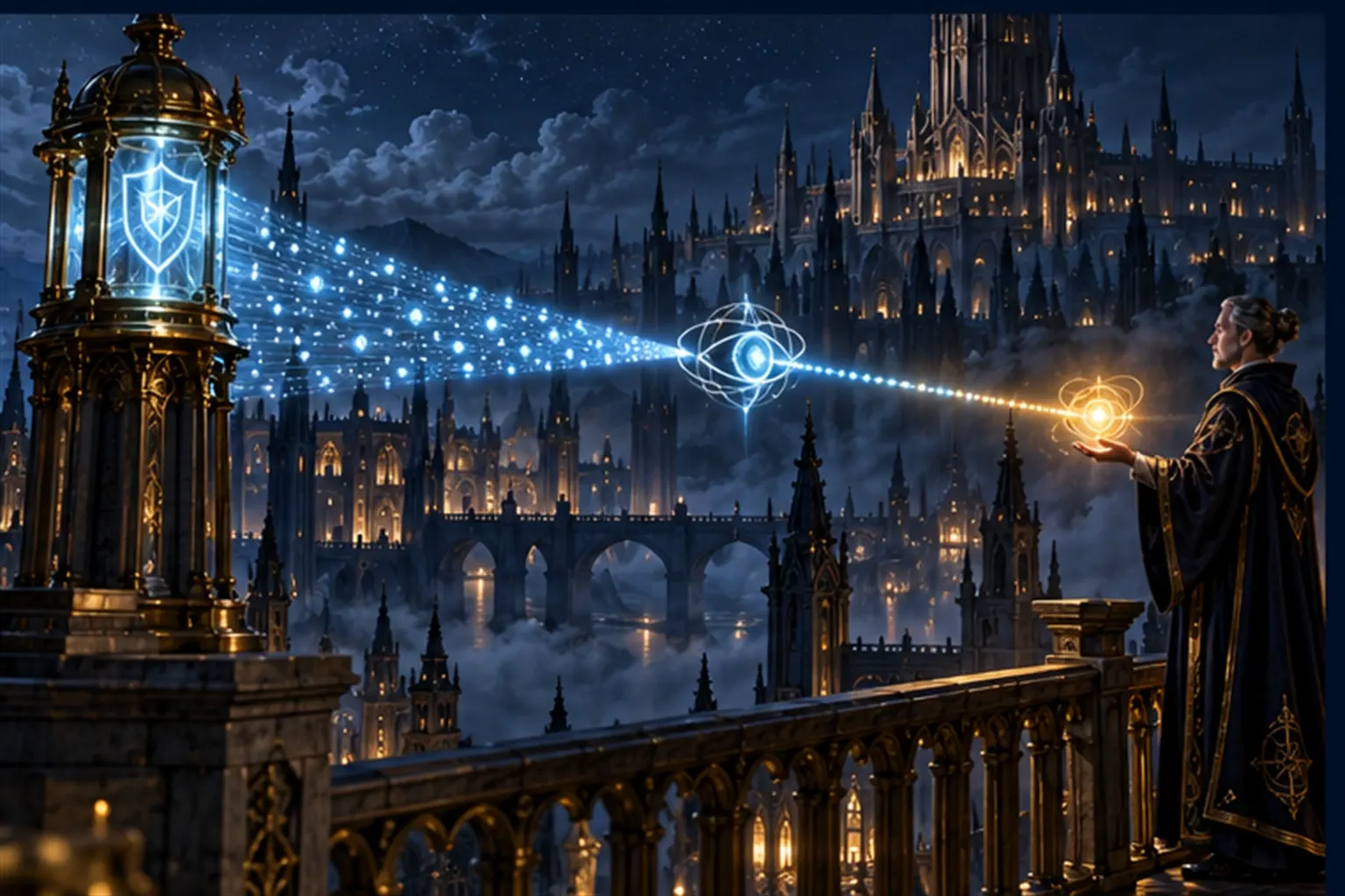 A relay of light along a balcony from a shield lantern tower through a floating eye sigil to a Wizard's open hand.