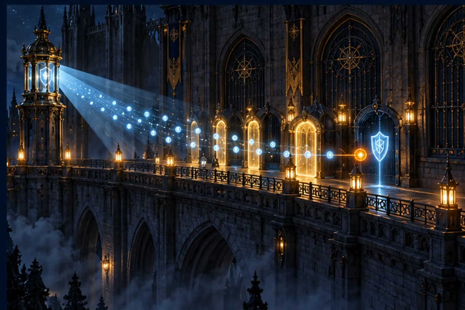 A lantern sweeps a bridge at night; most small lights pass golden doorways, one amber light is halted beside a shield sigil.