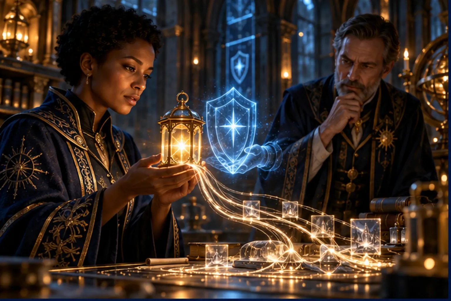A Wizard cups a glass lantern holding an amber light handed over by a cyan shield sigil, pale threads of evidence trailing from it.