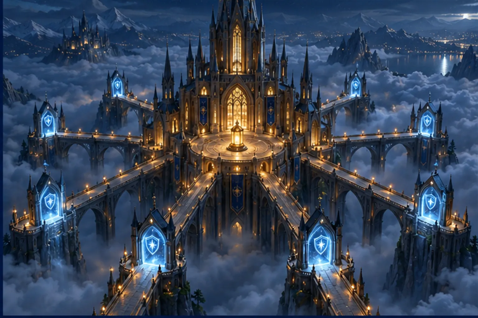 Aerial view of nine arched bridges radiating over a sea of cloud at night, each ending at a gate with a glowing shield sigil.