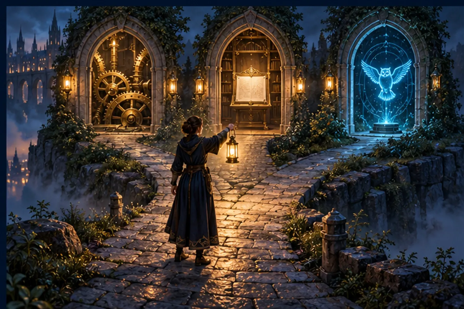 A wizard with a lantern stands at a fork in a stone path leading to three gateways: a brass gear, a form on a lectern and a cyan owl.