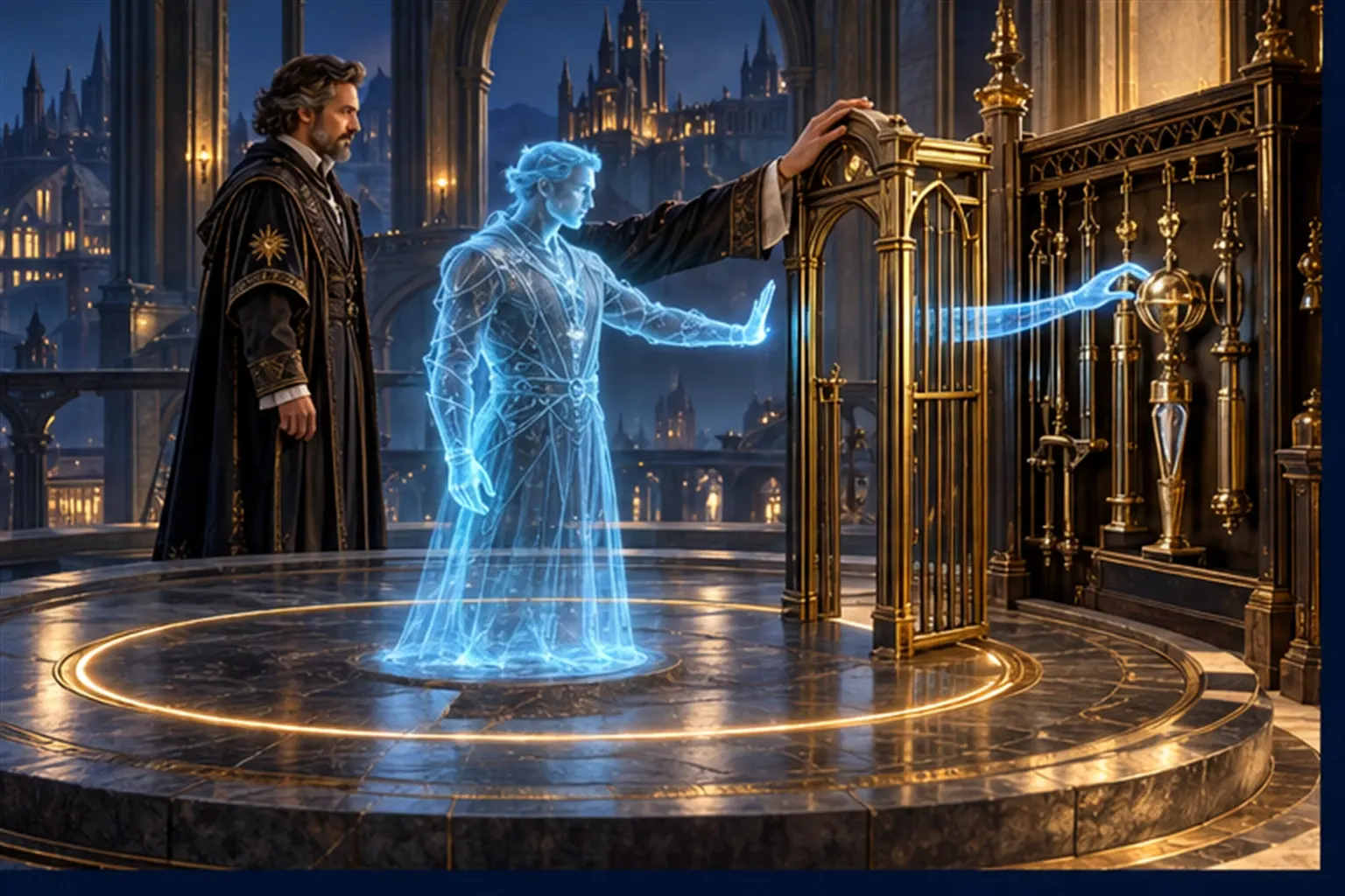 A cyan agent inside a gold ring reaches through a narrow brass archway to a rack of tools; a second arm of light stops at a closed gate.