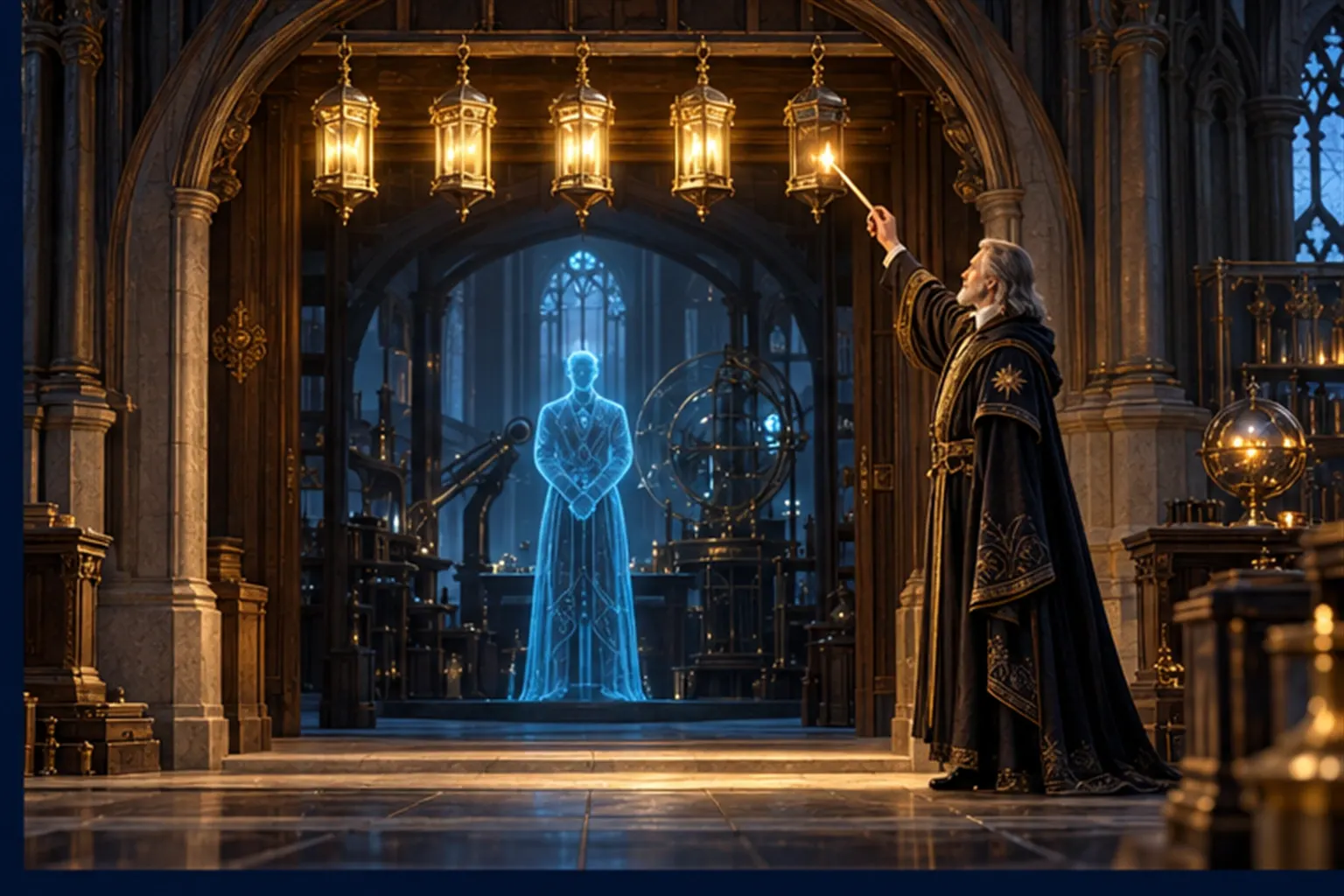A wizard lights the last of five brass lanterns above a workshop archway while a still cyan agent figure waits inside.