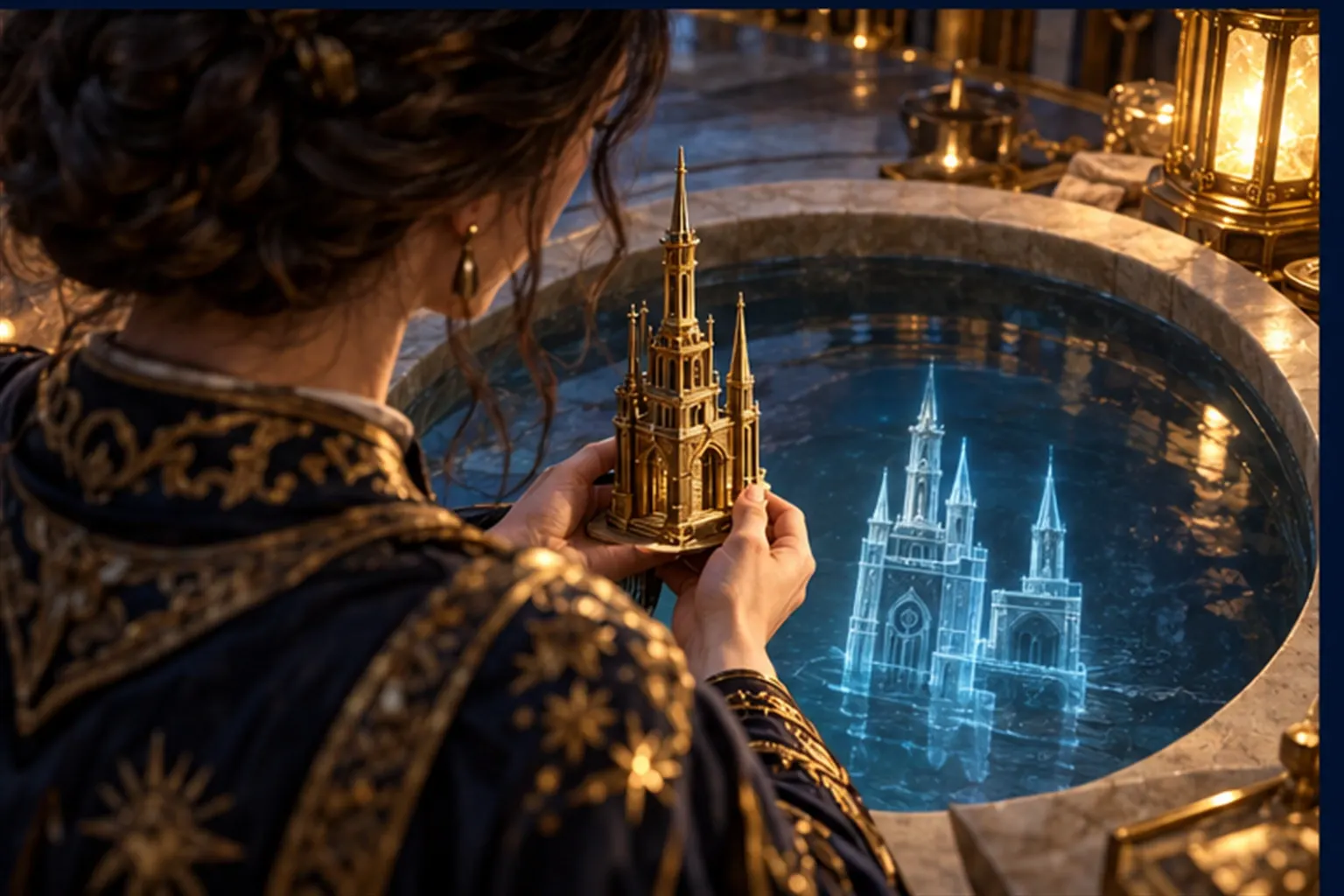 A wizard holds a small brass tower model beside a stone basin whose cyan reflection of the tower is slightly wrong.