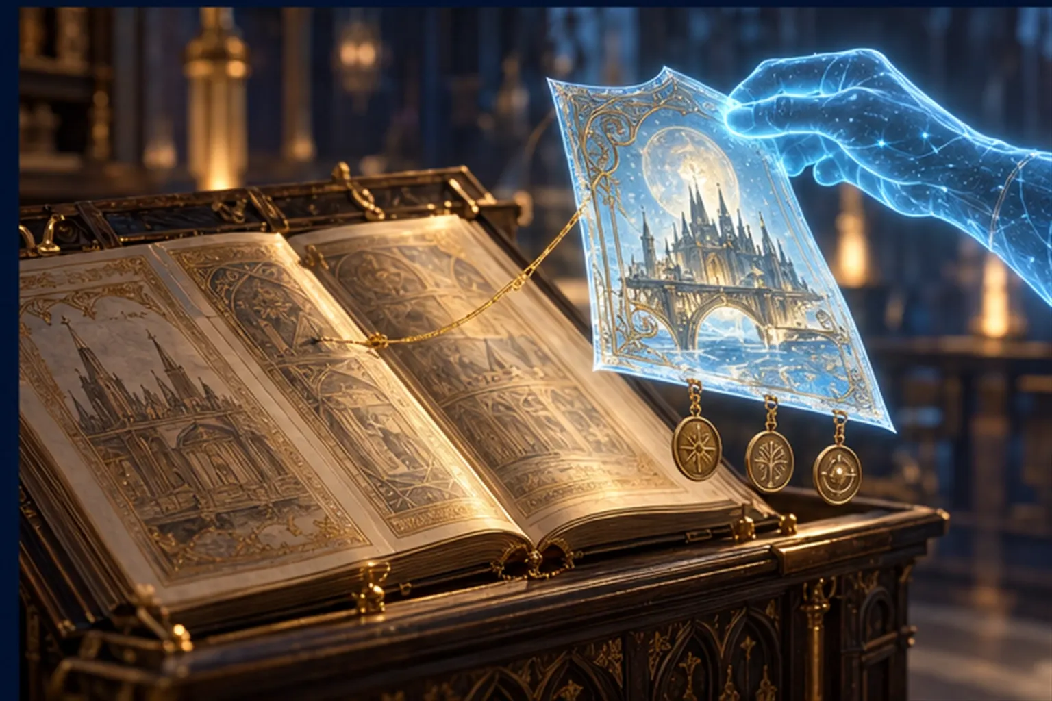 A cyan hand of light lifts one glowing leaf from an open book on a lectern, still tied by a gold thread, with three brass seals.