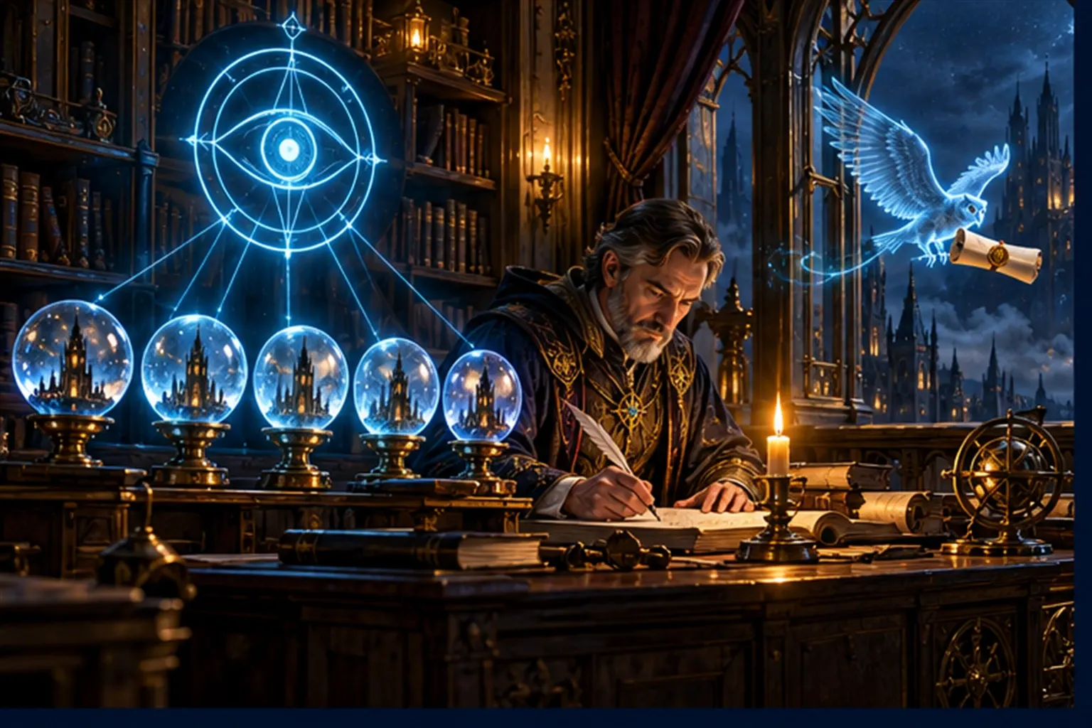 A wizard writes at a desk between a cyan eye above five glass spheres and a winged-message sigil carrying a scroll out a window.