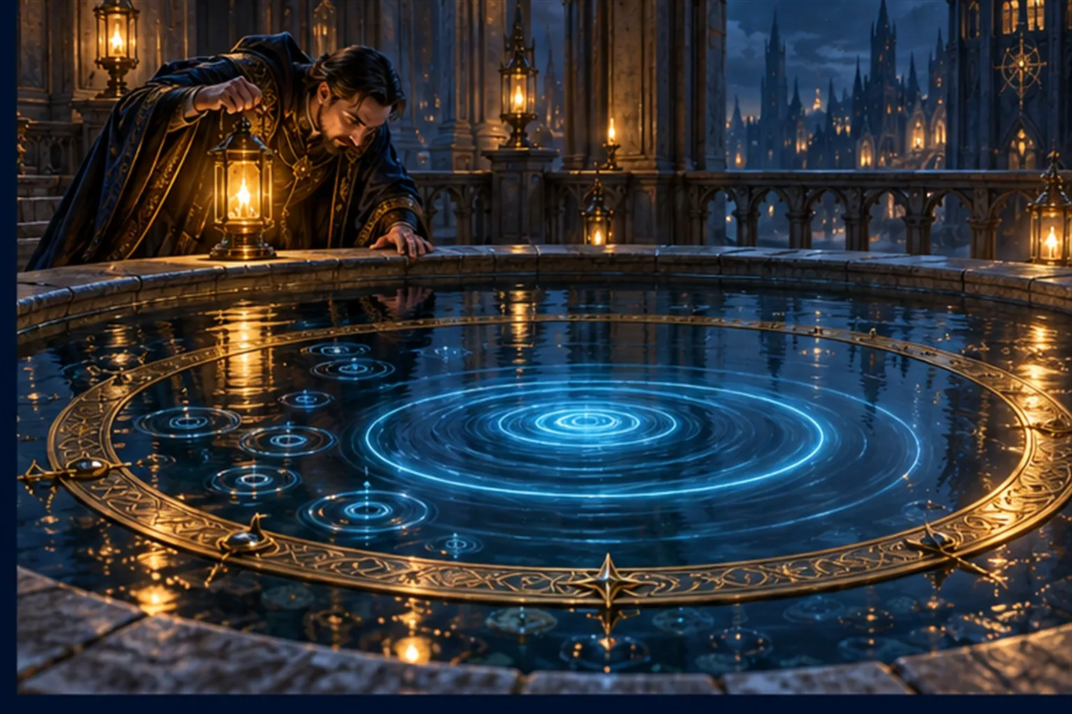 A wizard with a lantern watches a basin where many small ripples stay inside a brass ring and one wide cyan ripple crosses it.