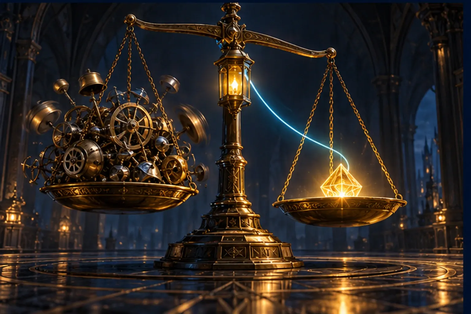A brass balance scale with a heap of spinning cogs and bells in one pan outweighed by a single glowing gold keystone in the other.