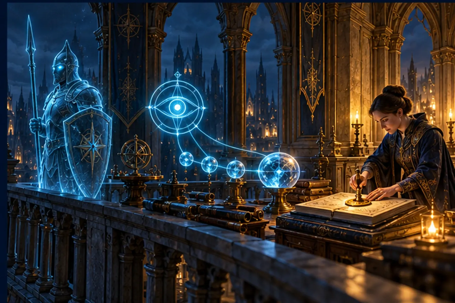 On a terrace a cyan shield-bearing watcher, a cyan eye over a chain of lights and a wizard sealing a tablet stand in a row.