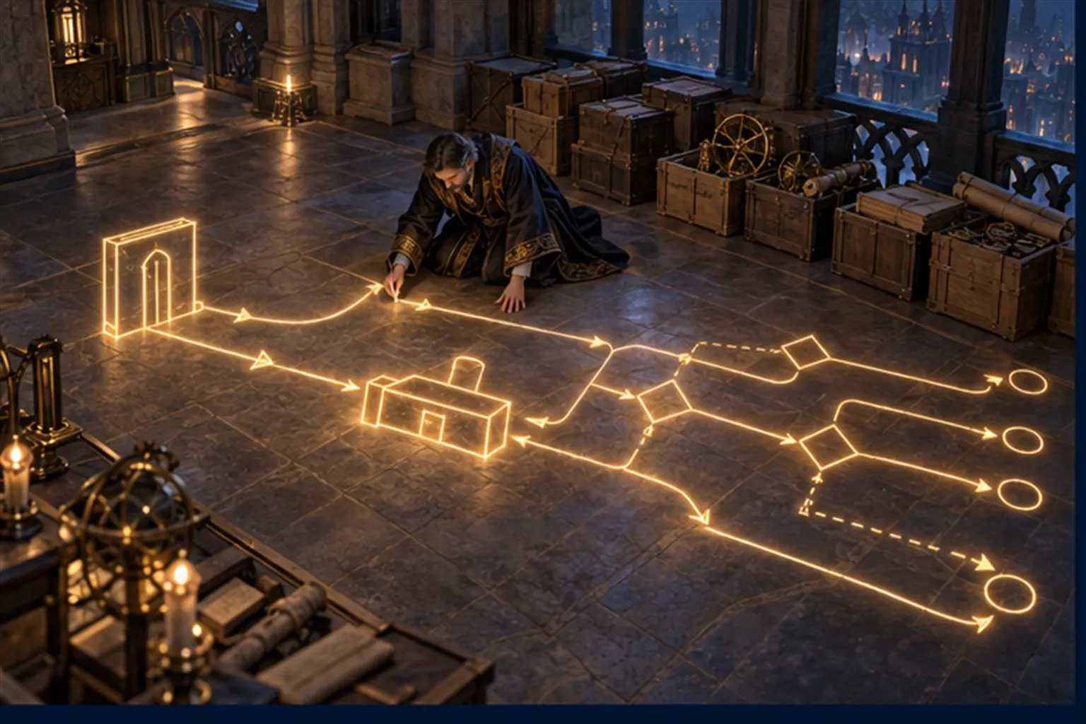 A wizard kneels on a workshop floor drawing a route in gold light with gates and side channels while crates of machinery stay unopened.