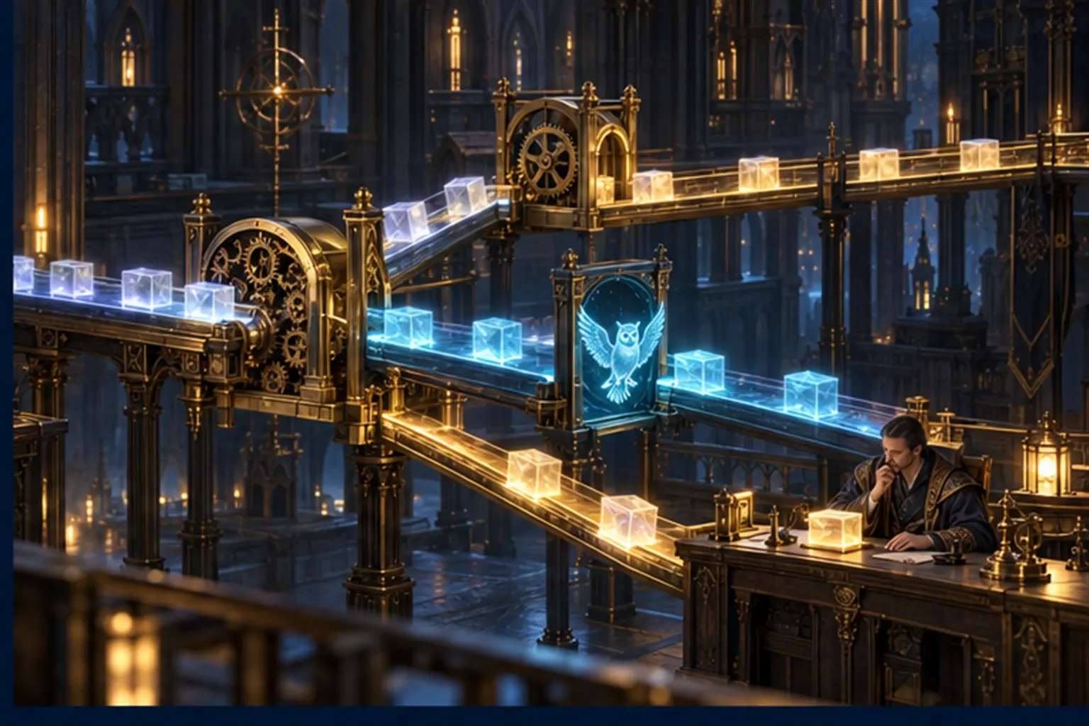 A stream of work splits at a brass gate into three channels: a clockwork rule-gate, a cyan owl sigil, and a desk where a wizard decides.