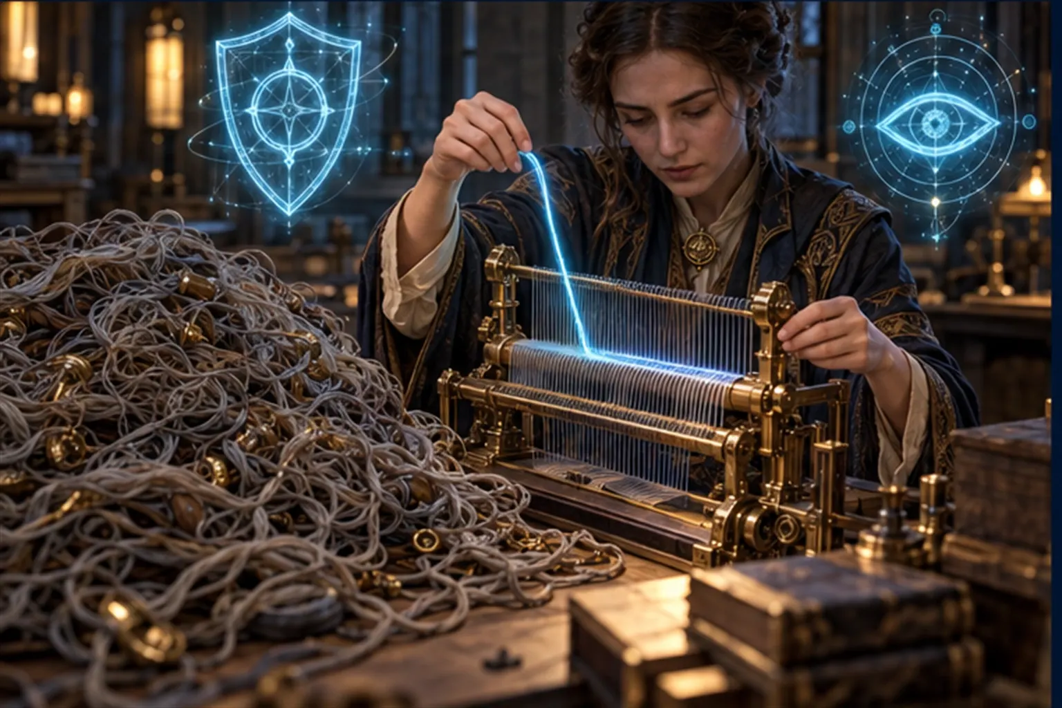 Hands lift one glowing cyan thread from a tangled heap onto a new loom while shield and eye sigils watch from either side.