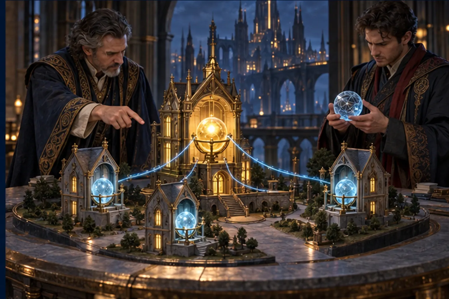 Wizards at a table of model houses: one tall house with a steady gold sphere, three small ones holding faded cyan copies on threads.