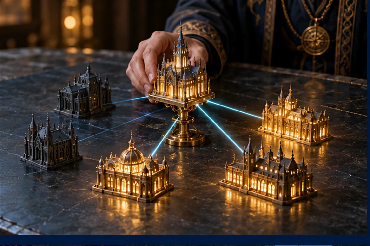 Six brass model buildings joined by cyan threads: one is raised on a jack, and the three buildings that depend on it glow gold.