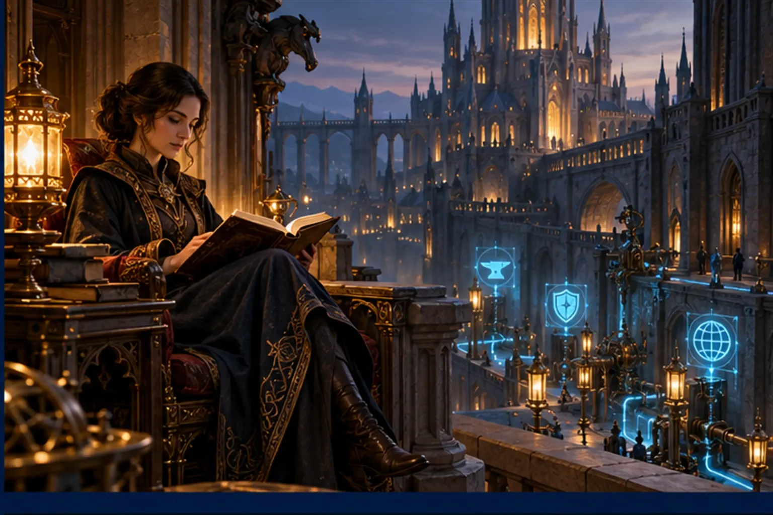 A wizard reads on a high balcony while far below small cyan anvil, shield and globe sigils tend the district's lamps, tubes and gates.