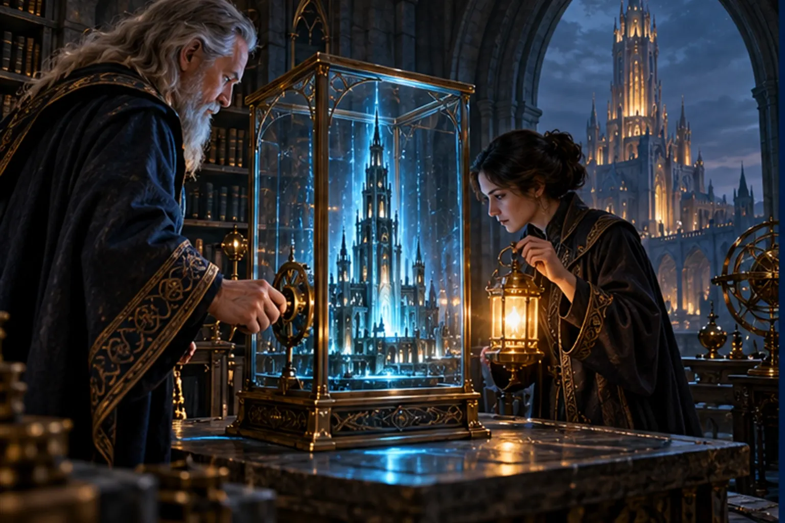 A wizard turns a key and a dark miniature tower in a glass case lights up to match the real lit tower seen through the window behind.