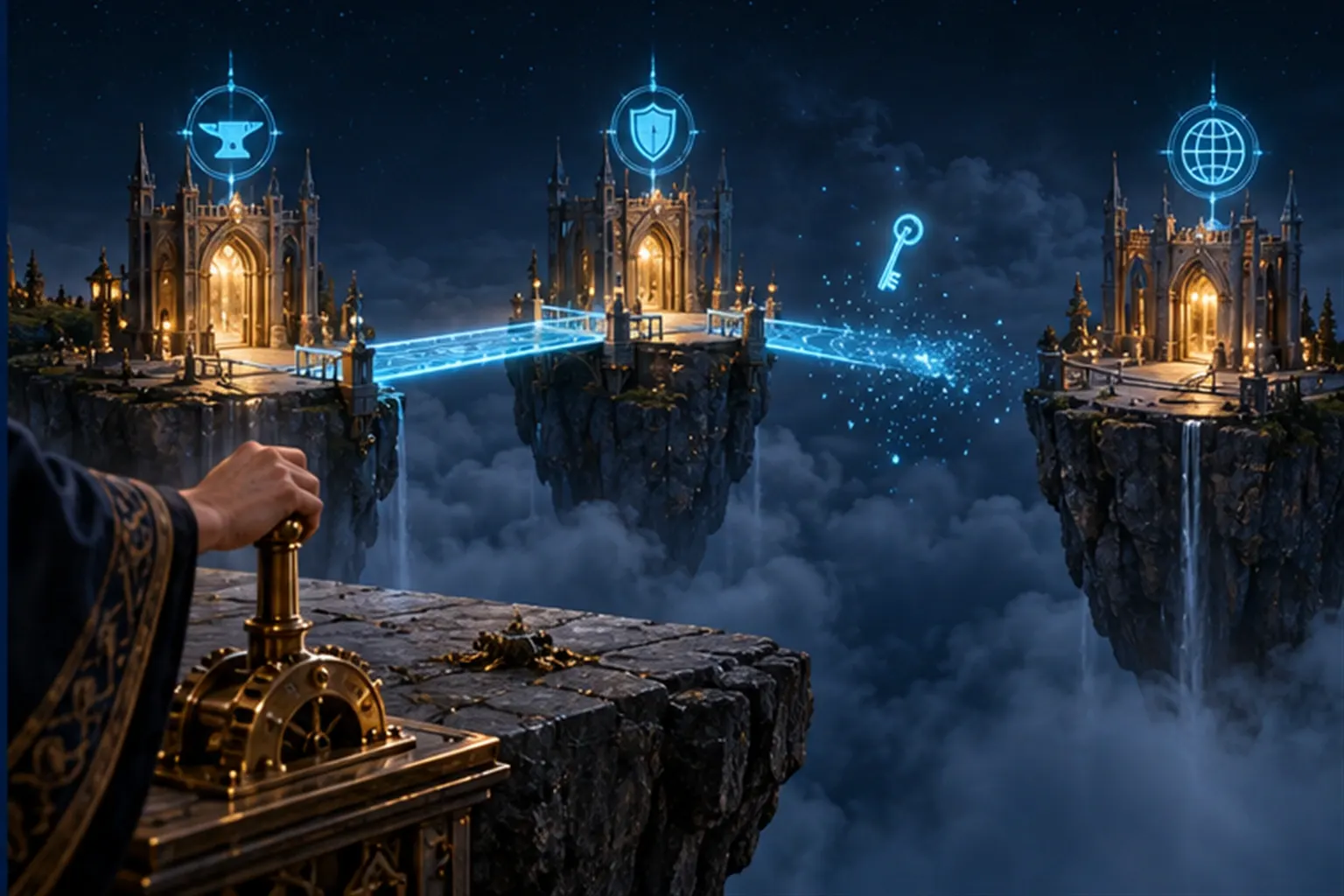 Three separate stone islands with cyan agent sigils; a bridge of light dissolves between two of them as a cyan key fades above it.