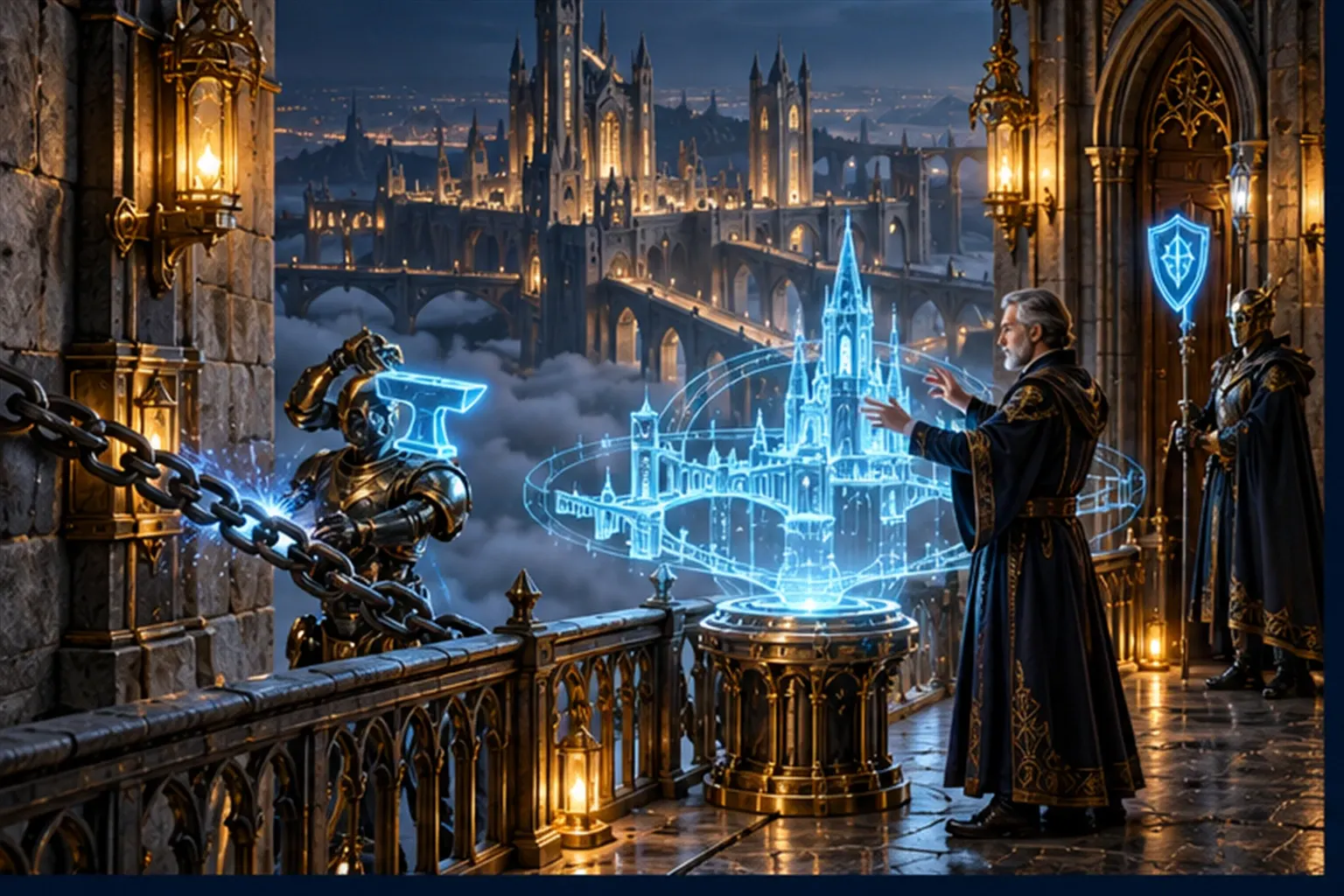 A wizard and a cyan globe sigil study a glowing map on a pier gallery while an anvil sigil mends a chain and a shield guards the door.