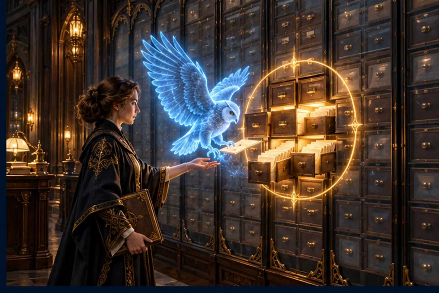A wizard draws a gold ring around a block of drawers for a cyan owl sigil; only those drawers glow and open, the rest stay shut.