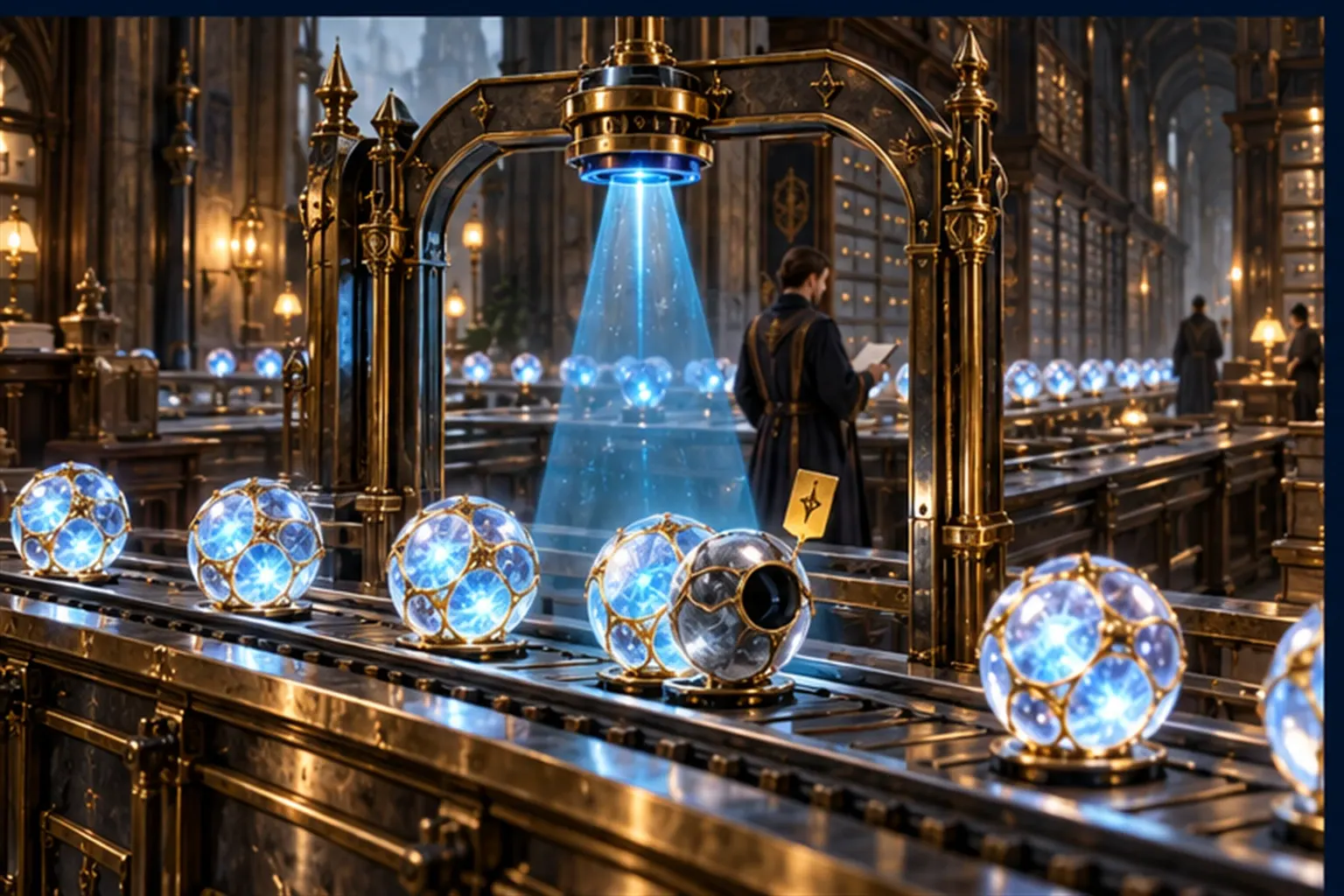Glowing spheres on a rail pass under a cyan lens at an arch; one with an empty socket is tagged with gold and left unfilled.