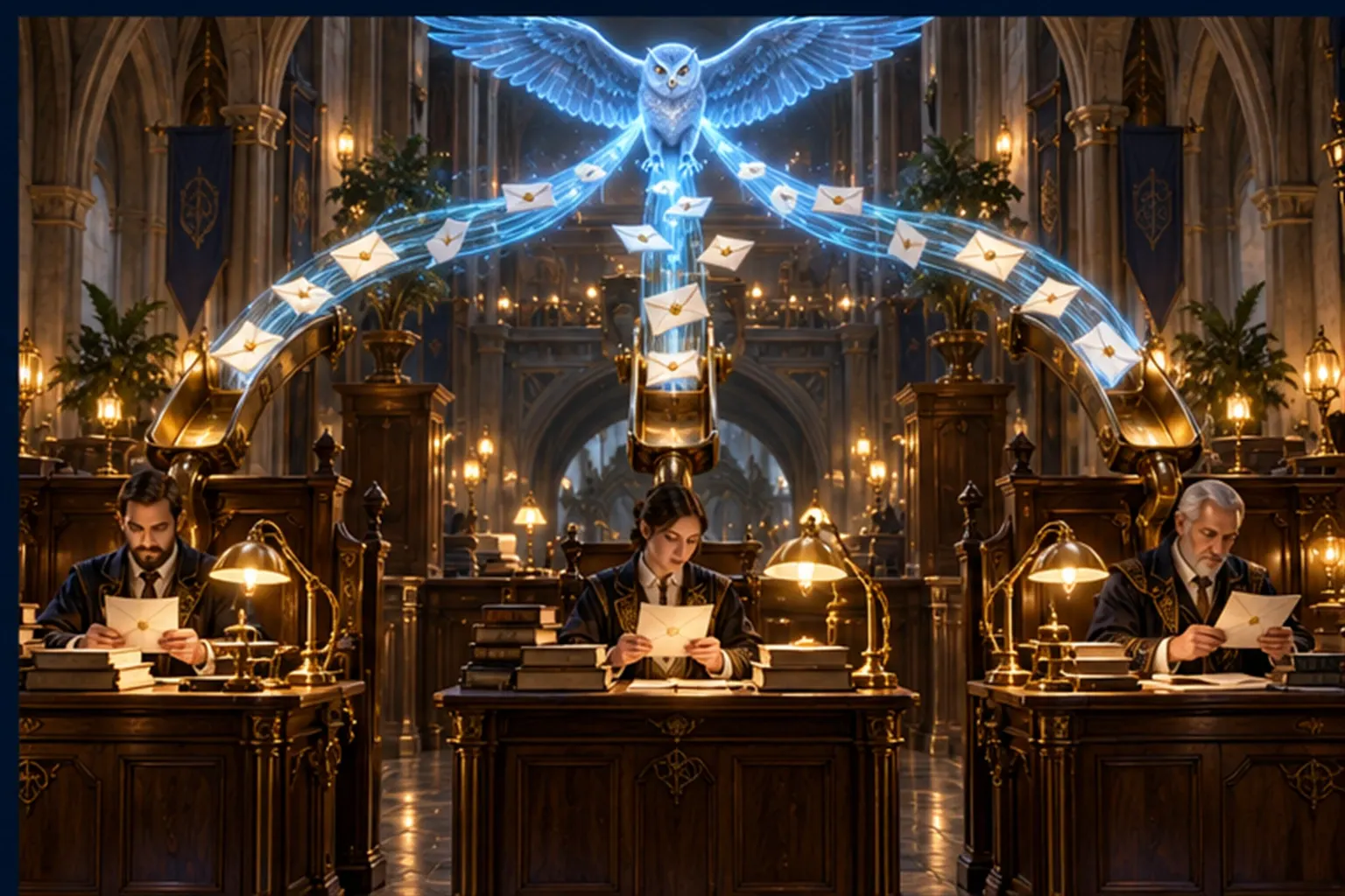 A cyan owl sigil routes a stream of glowing envelopes into three brass chutes that end at three wizards' desks.