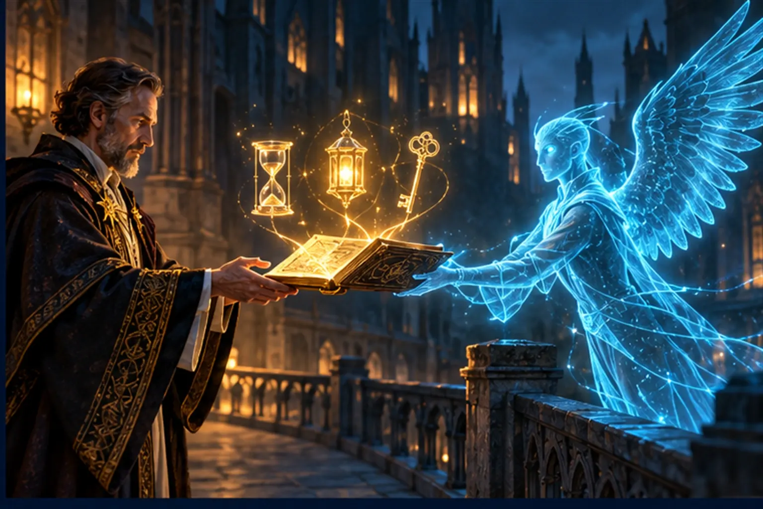A cyan winged sigil hands a folio across a stone bridge to a wizard; above it float a sandglass, a lantern and a key.