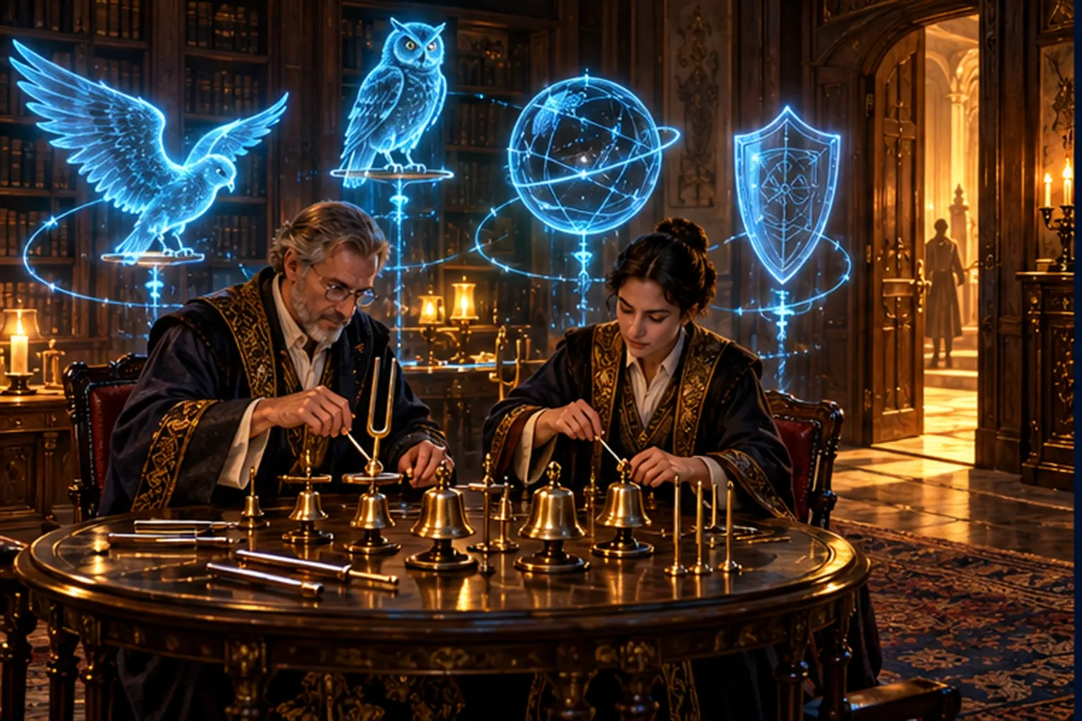 Two wizards tune bronze bells at a small table under four hovering cyan sigils while a gold-lit door stands ajar behind them.