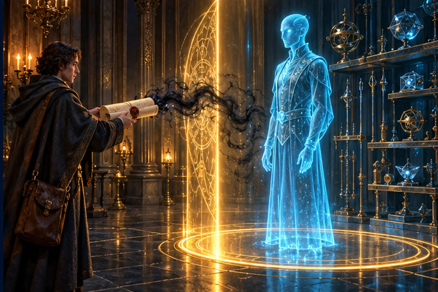 A courier hands a scroll to a cyan agent in a gold ring; a wisp of shadow from the scroll stops against a thin wall of gold light.