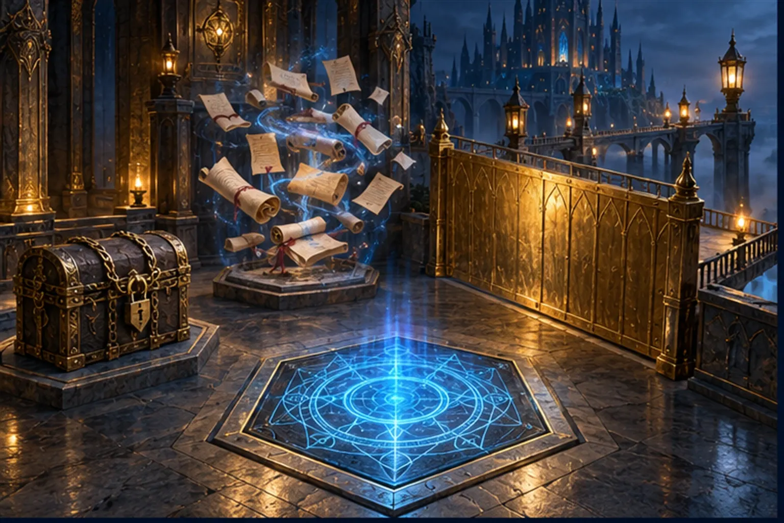 A cyan agent sigil stands among a locked chest, a cloud of unsealed scrolls and an outward gate; a heavy gold wall closes the gate.