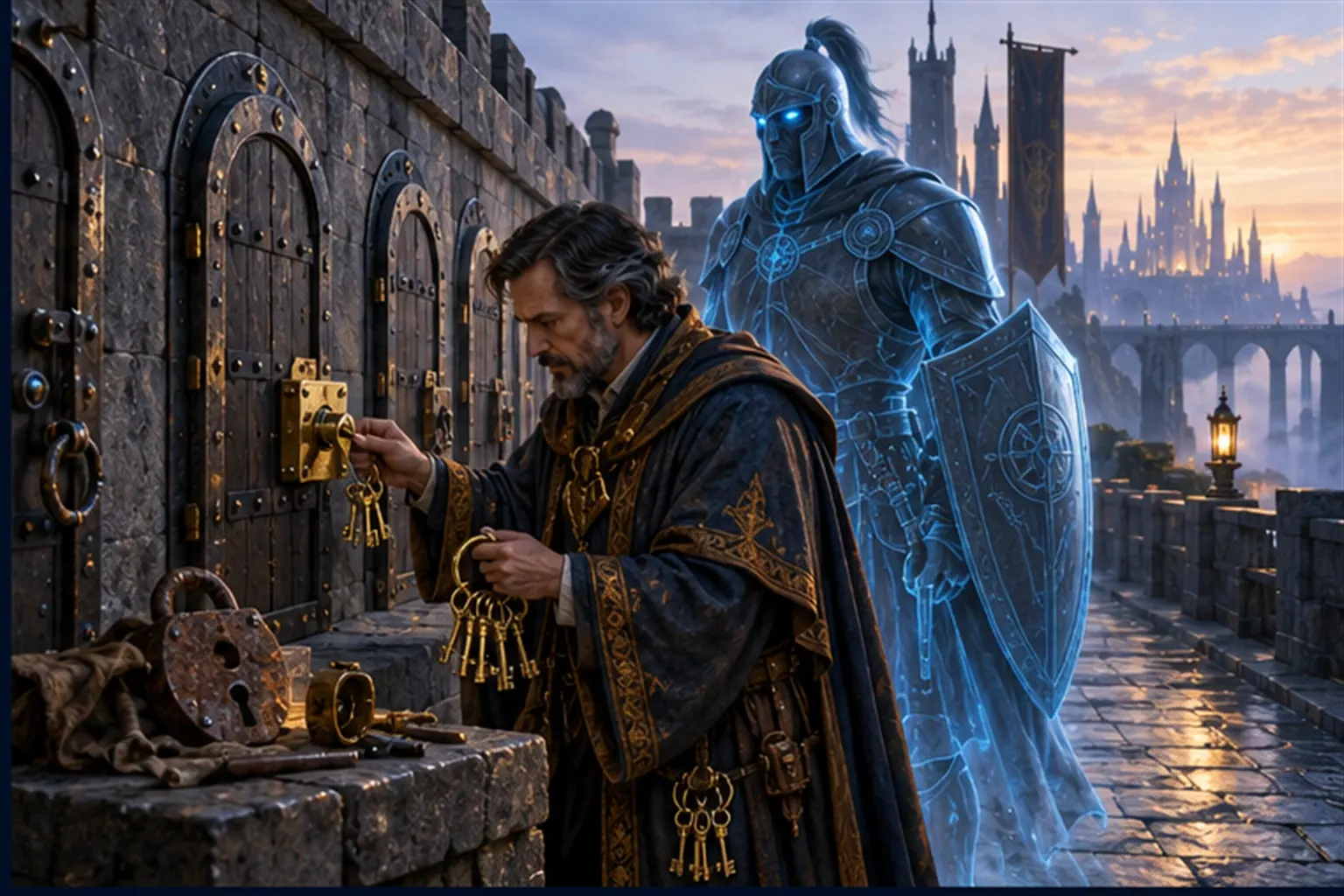 A wizard with a ring of keys and a cyan helmed guardian walk a rampart testing small iron doors; one old lock is swapped for a new one.