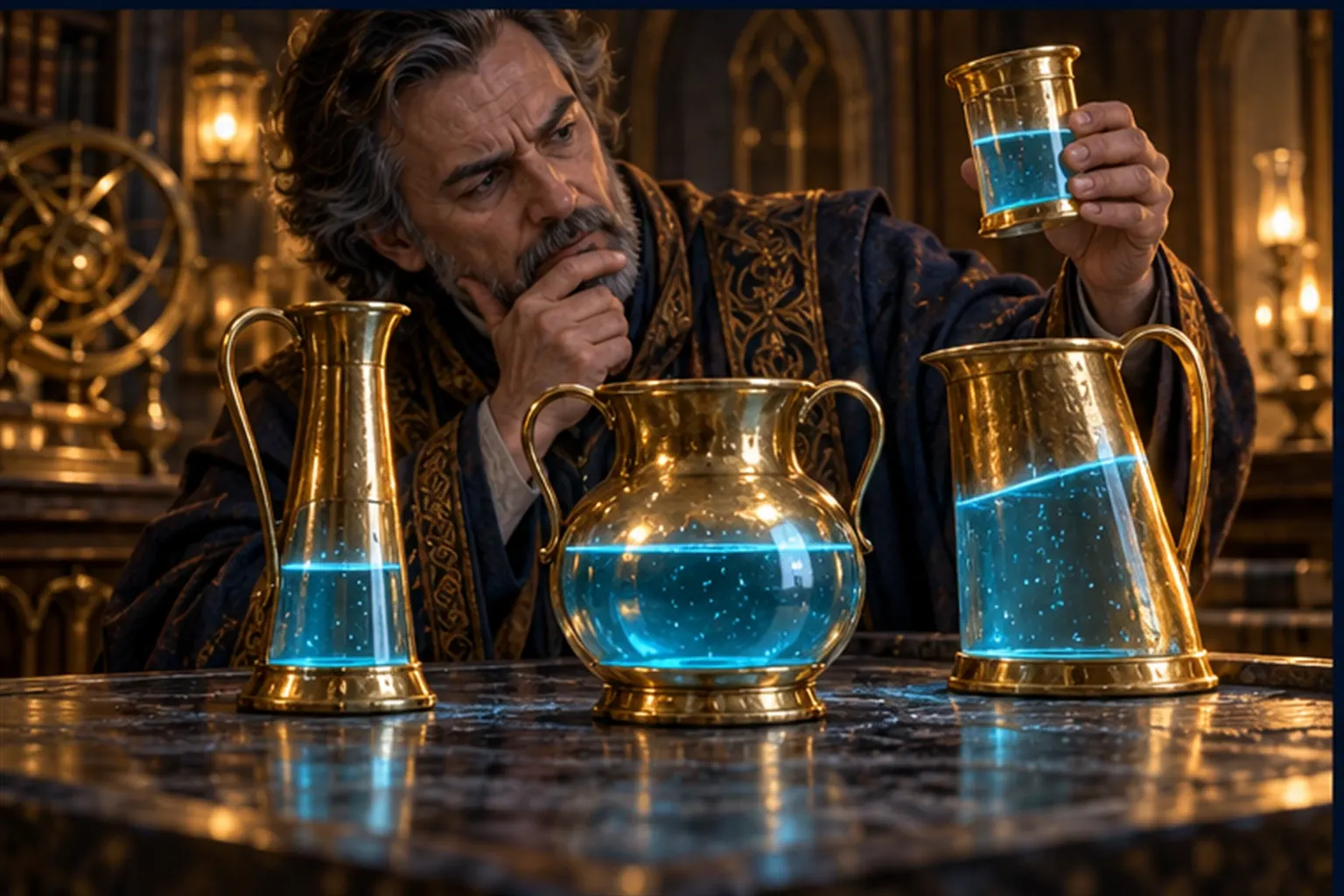 A wizard holds a standard jar beside three differently shaped brass jugs that show different levels of the same cyan liquid.