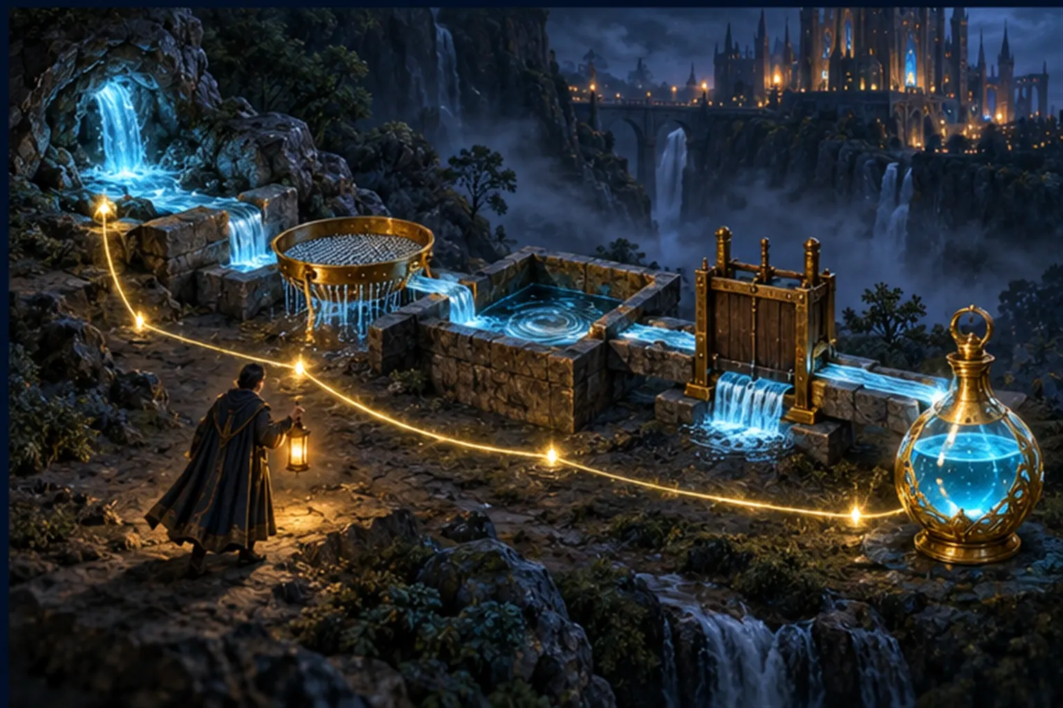 A tiny wizard with a lantern follows a gold line back from a glowing vessel through a basin, sieve and sluice to a spring.