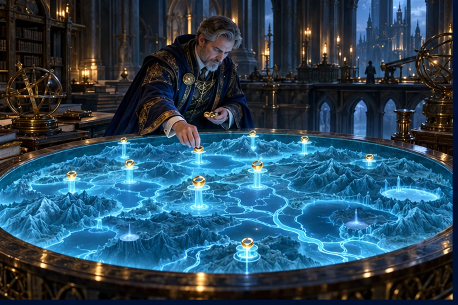 A cyan globe sigil projects a relief map of springs and channels while a wizard rings each spring with gold; two springs stay dim.