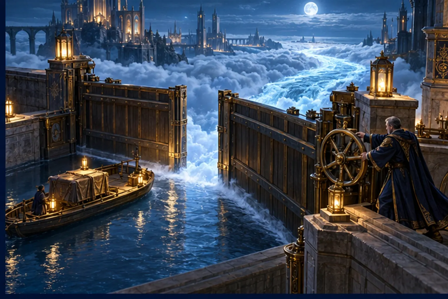 A wizard turns a lock wheel to open a gate so a small barge in a calm side-pool can join a great river of cloud.