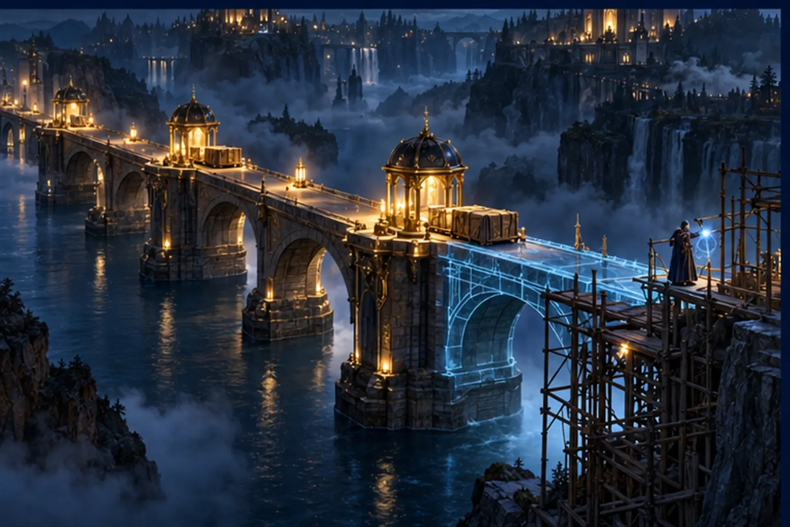A causeway built in short finished spans, each ending in a lit pavilion with a crate; a wizard works on the next span on scaffolding.