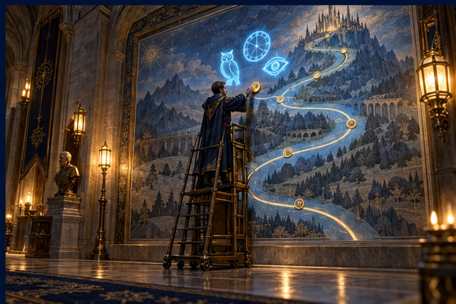 A wizard on a rolling ladder pins a gold marker onto a glowing mural road while a clock-ring, an owl and an eye sigil hover beside it.