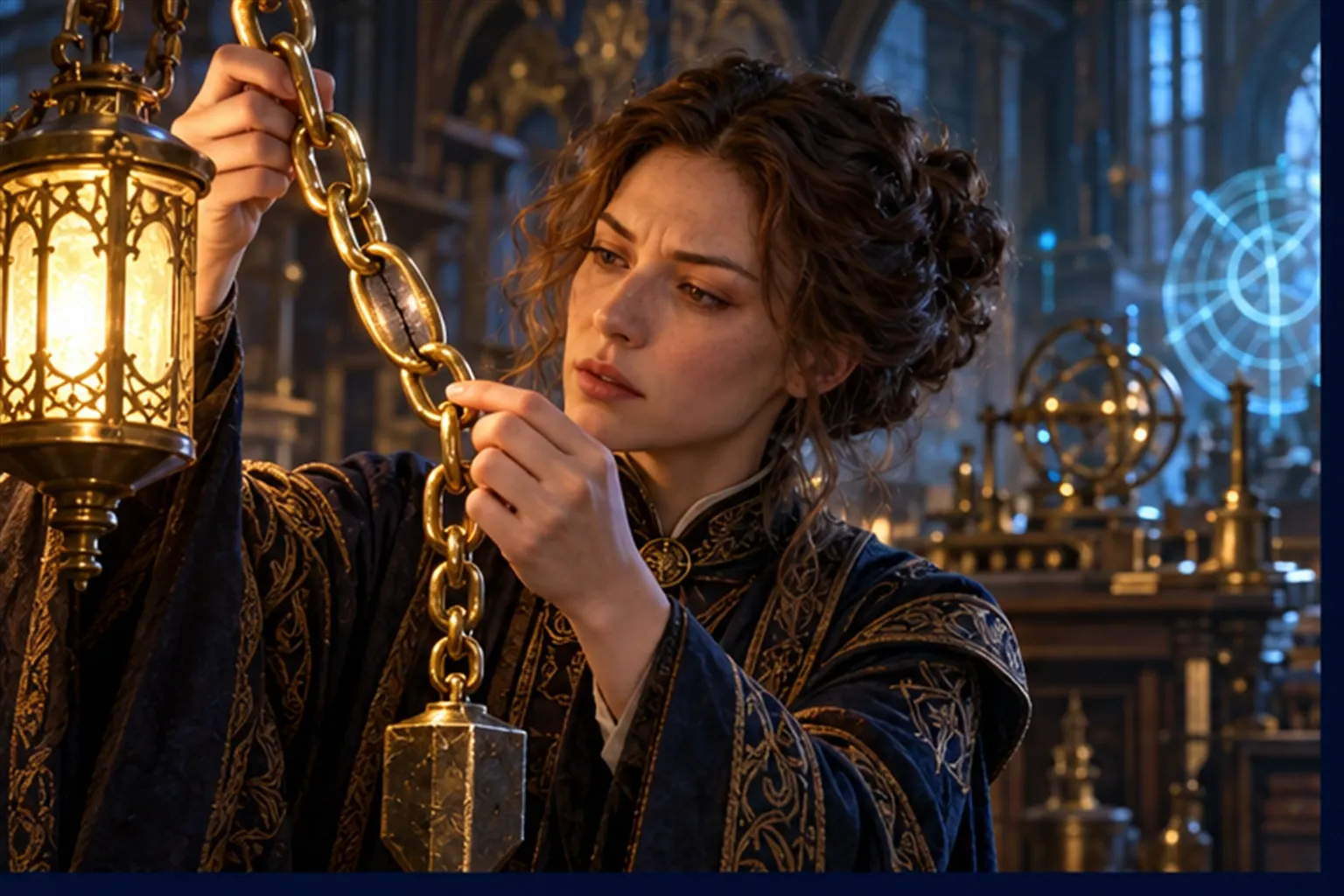 A wizard holds a lantern to a hanging brass chain where every link gleams except one with a dark crack.