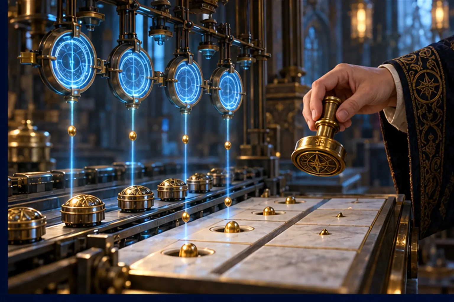 Cyan lens sigils drop gold beads onto a ruled slab as test tokens pass, while a wizard's hand holds the brass seal above it.