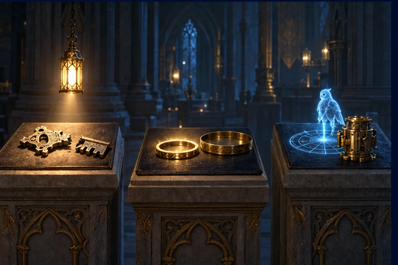 Three plinths: a broken key under a lantern, two brass trays with one ringed in gold, and a cyan agent beside a new brass part.