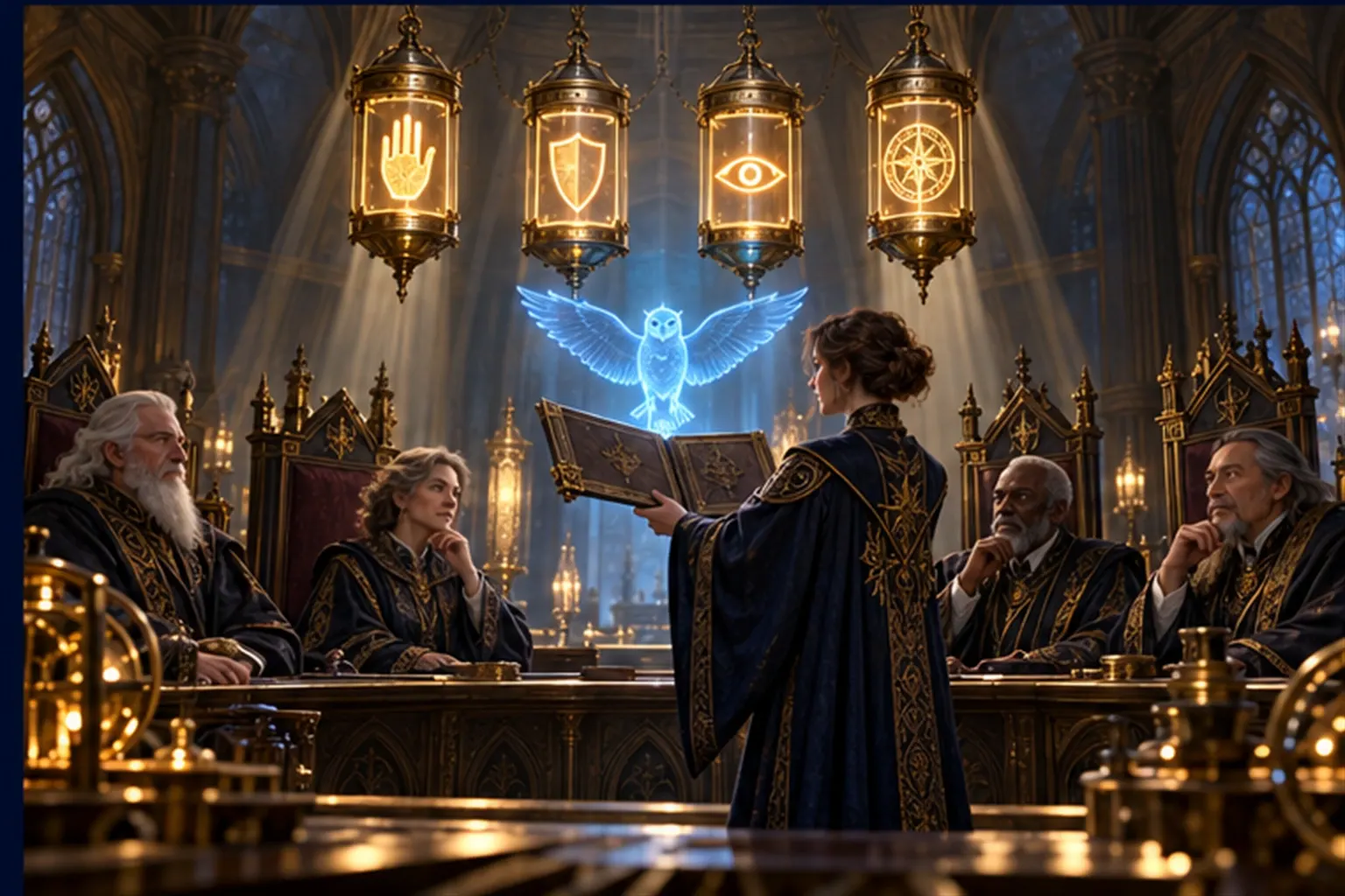A wizard presents a slim folio to a seated council beneath four lanterns marked with a hand, a shield, an eye and a seal.